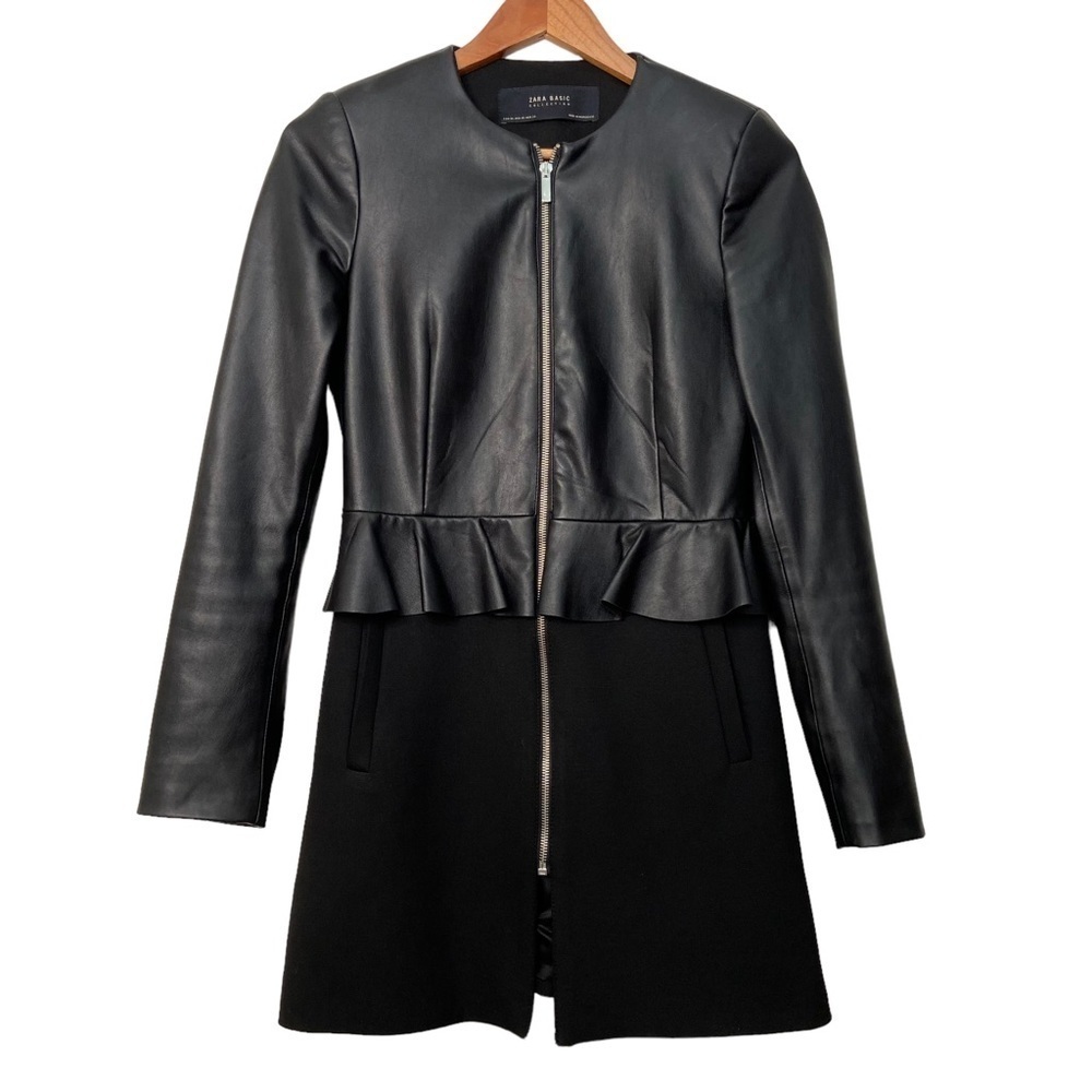 Zara faux leather zip-up dress fitted long sleeves  black jersey XS